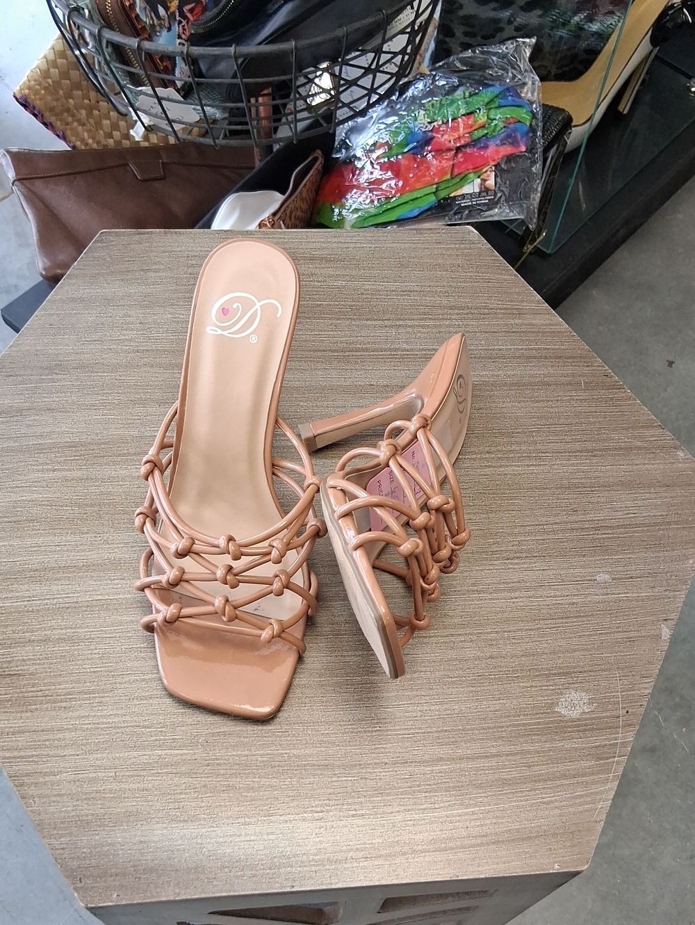 Dereon Knot-Strap Slide Heels in Nude Tan